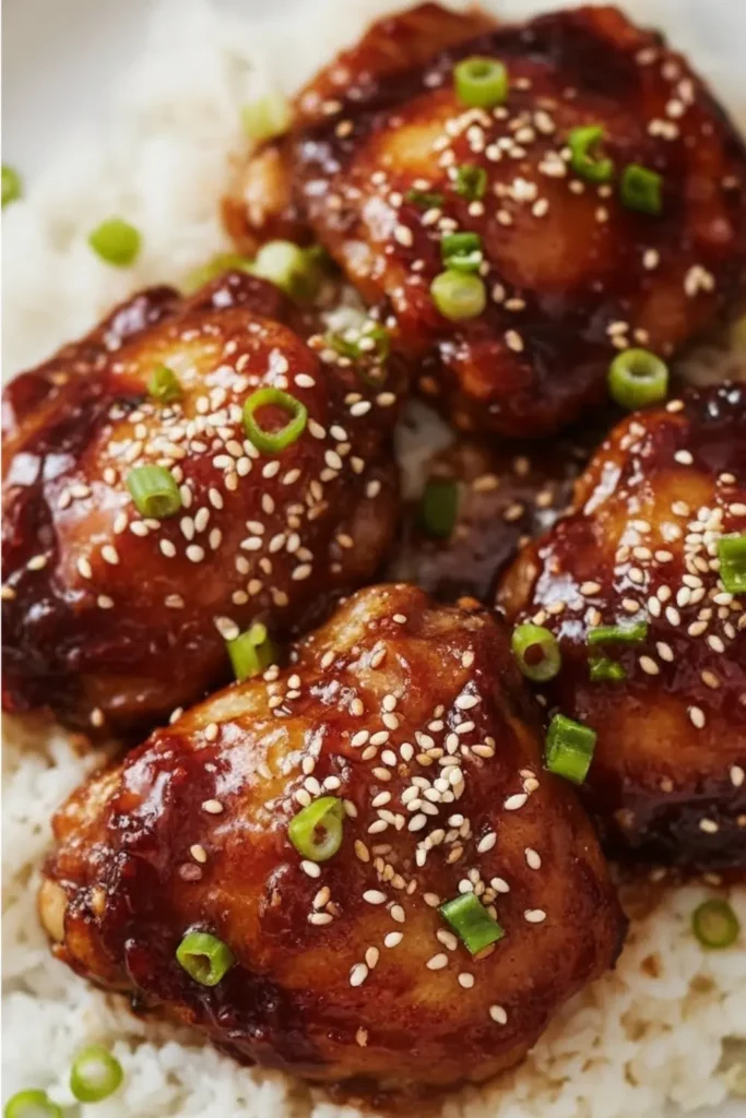 Honey garlic chicken thighs cooked in a crock pot, bone-in chicken coated in thick glossy honey-garlic sauce, garnished with sliced green onions and sesame seeds, warm cozy lighting, rustic comfort food photography.
